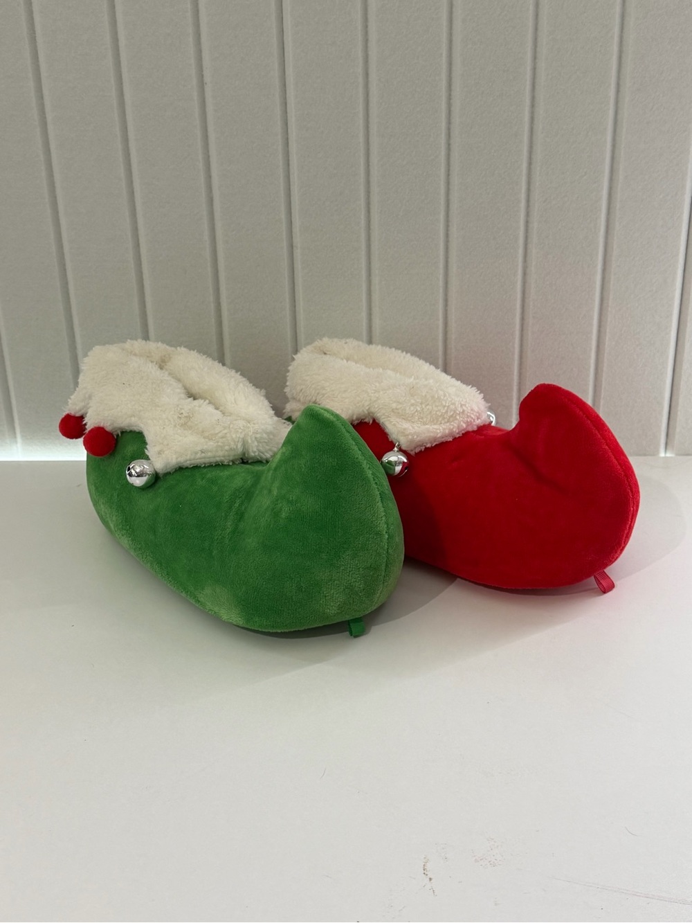 Kids Holiday Elf Slipper Pair - Red & Green with Faux Fur Trim